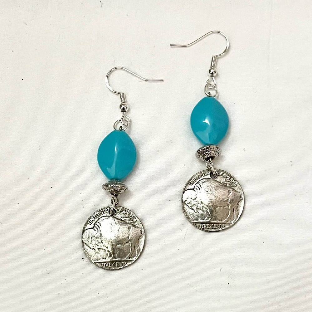 Bohemian Buffalo Nickel Coin Blue Bead Drop Dangle Earrings Western Jewelry.